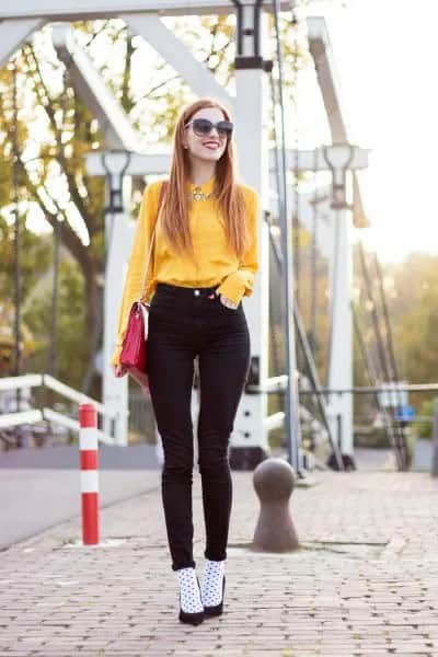 Yellow Button Up Shirt with Black High Rise Skinny Jeans