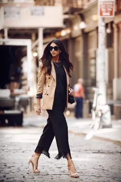 Camel Blazer with All-Black Outfit