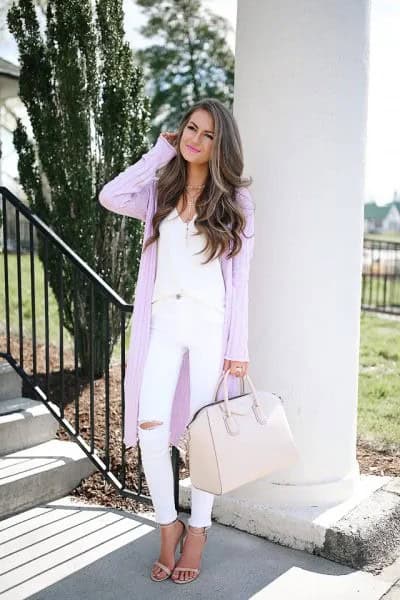 Long Ribbed Light Purple Cardigan with White Skinny Jeans