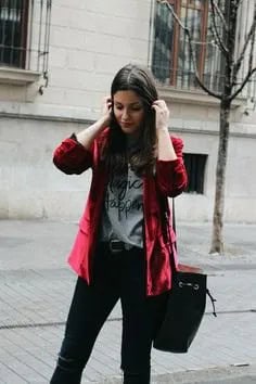 Burgundy Velvet Jacket with Grey Graphic T Shirt & Black Jeans