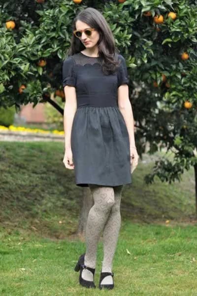 Grey Short Sleeve Blouse with Relaxed Fit Knee Length Skirt