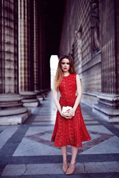 Red Sleeveless Midi Flared Lace Dress with Sequin Strappy Heels