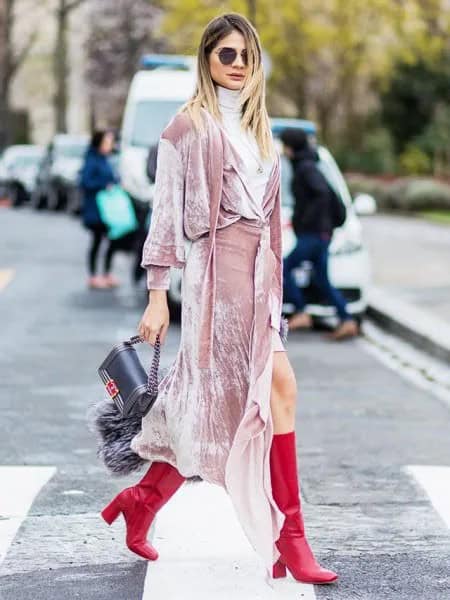 Pink Long Sleeve Maxi Wrap Dress with Light Grey Turtleneck Sweater