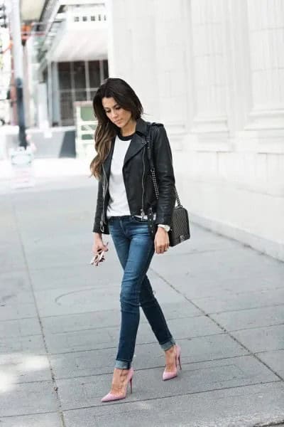 Black Short Leather Riding Jacket with White Tee & Cuffed Jeans