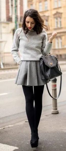 Grey Wool Mini Skirt with Knit Sweater & Stockings