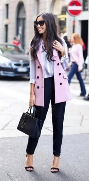 Light Grey Vest with Pale Blue Shirt & Ankle Black Chinos