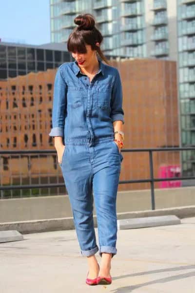 Long Sleeve Chambray Jumpsuit with Ballet Flats