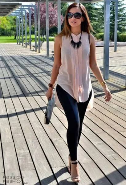 Light Pink Semi-Sheer Sleeveless Chiffon Shirt with Black Leggings