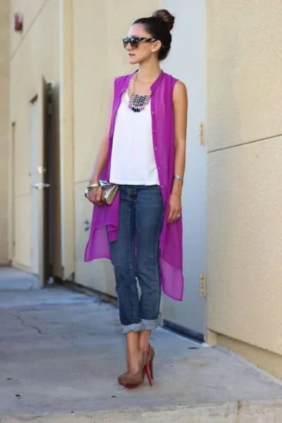 Purple Sleeveless Cardigan with White Chiffon Top