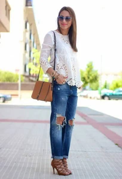 White Long Sleeve Blouse with Ripped Jeans & Red Strappy Lace Up Heels