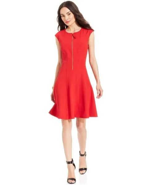 Red Cap Sleeve Zip Front Skater Dress