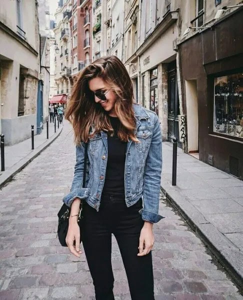 Blue Jacket with Black T Shirt & High Waisted Skinny Jeans