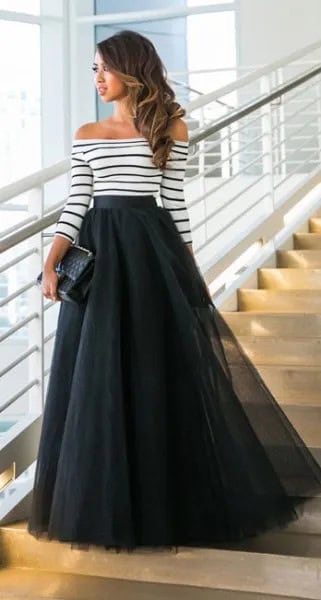 Off The Shoulder Striped Long Sleeve Top with Maxi Tulle Skirt