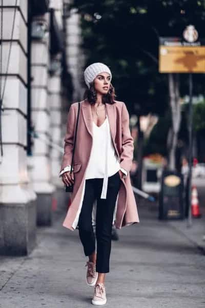 Pink Wool Coat with White Deep V Neck Vest Top & Black Jeans