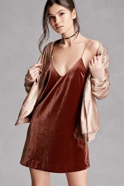 Burgundy Velvet Slip Dress with Gold Bomber Jacket