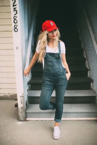 White V Neck T Shirt with Grey Cuffed Skinny Denim Overalls