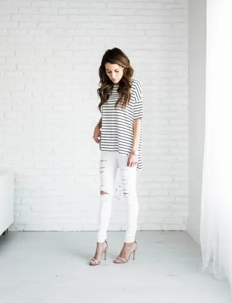 Black and White Striped T Shirt & Ripped White Jeans