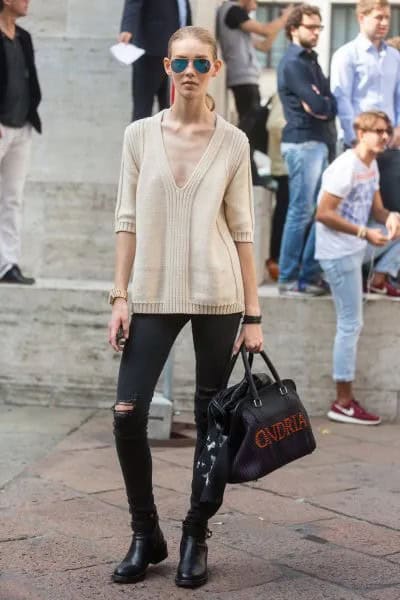 Pale Pink Deep V Neck Pullover Sweater with Black Ripped Jeans & Short Boots