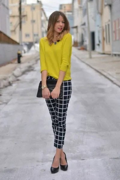 Yellow Pullover Sweater with Black and White Skinny Plaid Pants