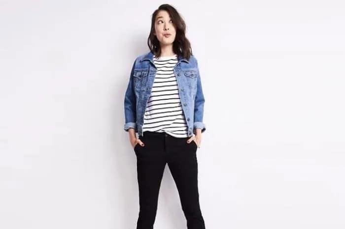 Blue Relaxed Fit Denim Jacket with Black and White Striped T Shirt