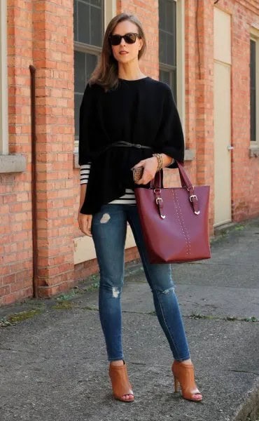 Black Poncho with Striped Long Sleeve Tee