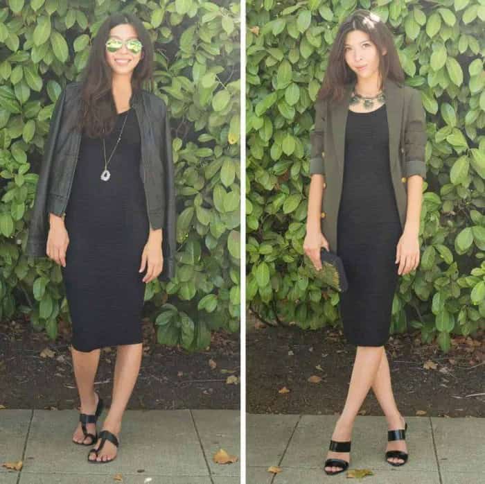 Leather Jacket with Midi Sheath Dress & Black Sandals