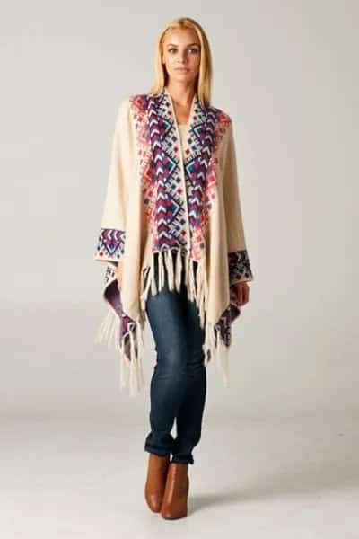 White and Navy Printed Fringe Cardigan with Brown Leather Ankle Boots