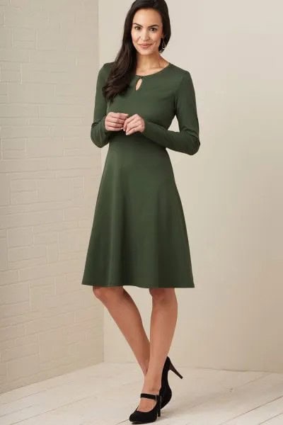 Green Long Sleeve Knee Length A Line Dress