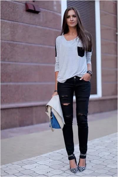 White and Black Front Pock Tee with Ripped Jeans & Ankle Strap Heels