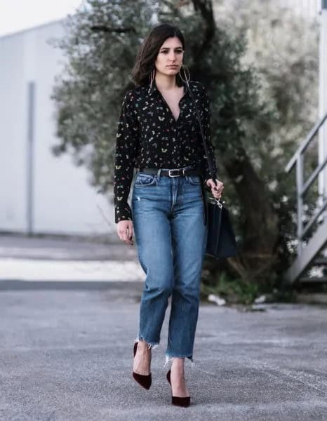 Black Printed Silk Shirt with Jeans