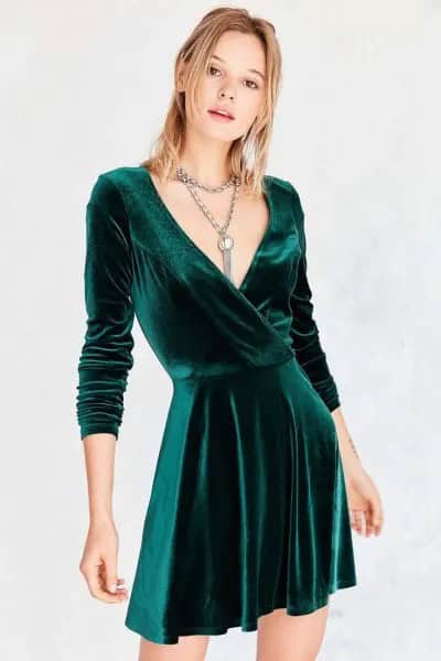 Green Deep V Neck Wrap Skater Dress