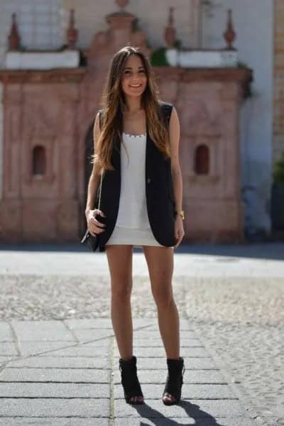 White Scoop Neck Mini Dress with Black Long Sleeveless Jacket