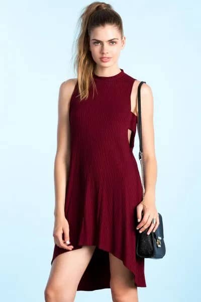 Burgundy Mock Neck High Low Knit Dress