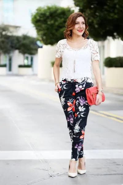 White Crochet Top with Black Floral Pants