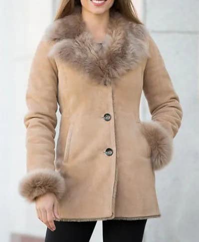 Beige Shearling Coat with Black Skinny Jeans