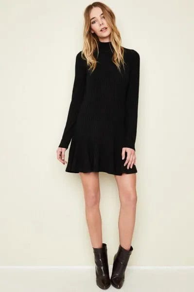 Black Long Sleeve Mini Flare Dress with Mid-Calf Boots