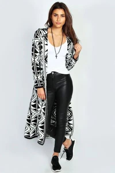 Black and White Printed Hooded Cardigan & Leather Leggings