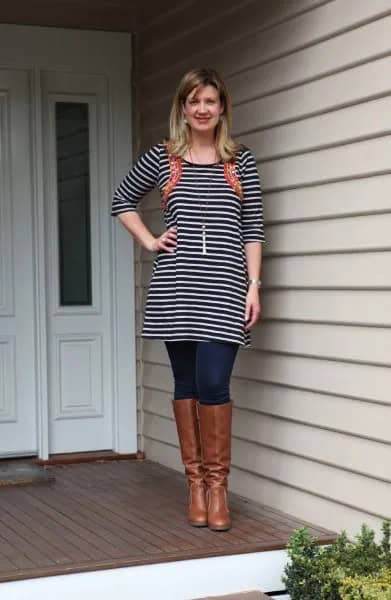 Black and White Striped Tunic Dress with Jeans & Boots