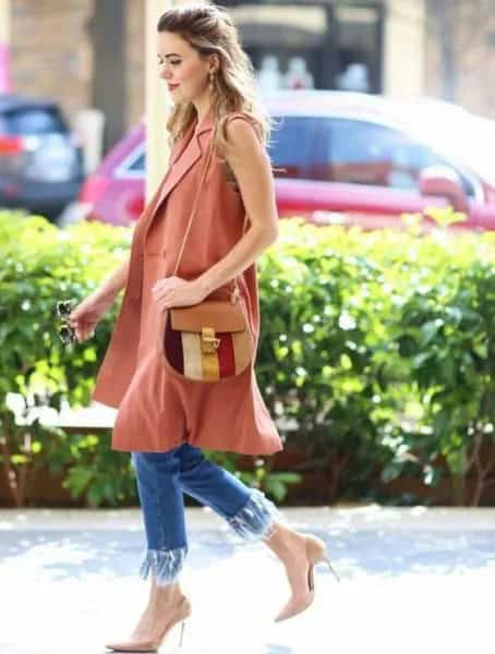 Blush Pink Sleeveless Long Coat with Blue Skinny Fringe Hem Jeans