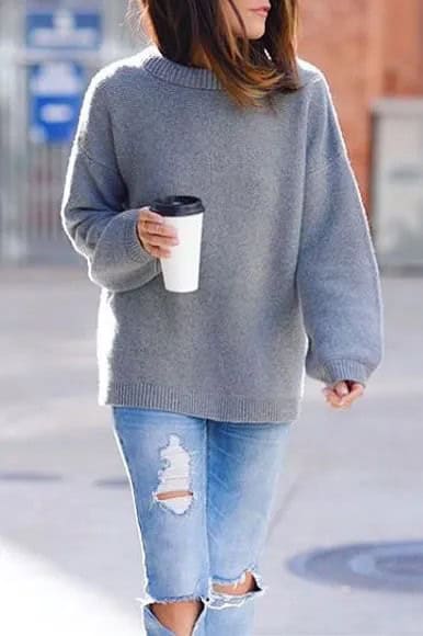 Grey Wool Sweater with Ripped Jeans