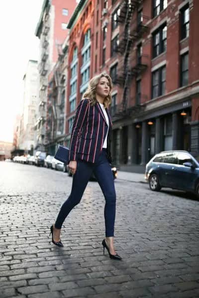 Vertical Striped Black Blazer with White Blouse & Dark Blue Skinny Jeans