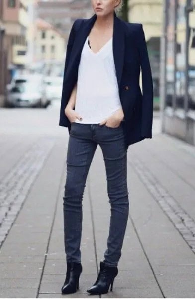 Ankle Boots with Black Blazer & Grey Skinny Jeans