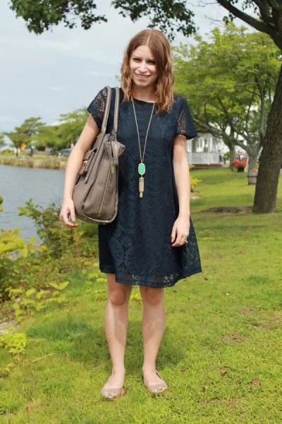 Dark Navy Short Sleeve Lace Mini Swing Dress