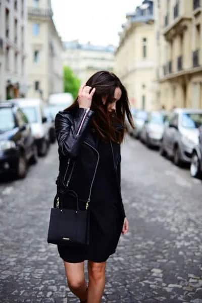 Black Leather Jacket with Mini Shift Dress & Purse