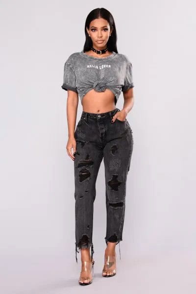 Grey Knotted T Shirt with Black Ripped Boyfriend Jeans & Transparent Heels