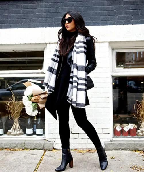 Black and White Scarf with Mock Neck Sweater & Leather Jacket