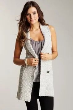 Ivory Long Sweater Vest with Grey Scoop Neck Sleeveless Blouse