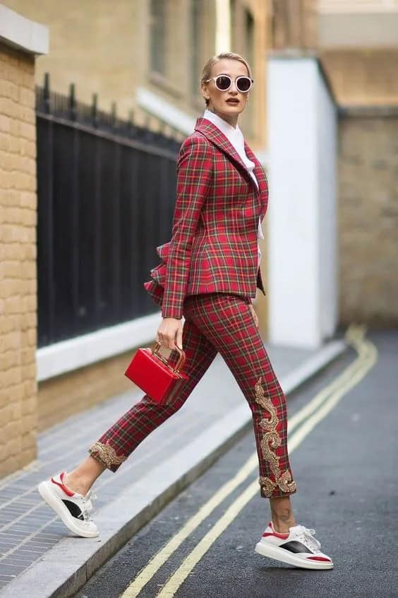 Embroidered Red Plaid Pants