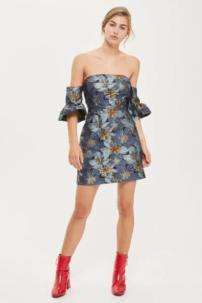 Floral Printed Purple Bardot Mini Dress