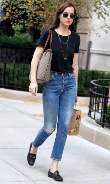 Black T Shirt with Blue Slim Fit Ankle Jeans & Loafers